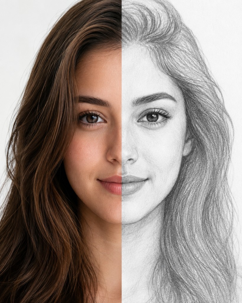 Split portrait showing photo on the left and matching pencil sketch on the right
